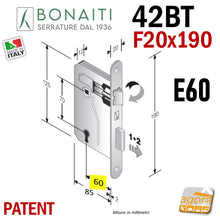 Load image into Gallery viewer, serratura porta interna Bonaiti 042T 42BT patent piccola chiave frontale 20x190mm 19cm entrata 60mm interasse 70mm
