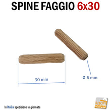 Carica l'immagine nel visualizzatore di Gallery, spine faggio per assemblaggio giunzione mobili in legno faggio striate per incollaggi vinavil d6x30mm spine spina tassello per mobili 3cm