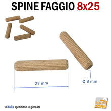 Carica l'immagine nel visualizzatore di Gallery, SPINE FAGGIO STRIATE D 8X25MM TASSELLO IN LEGNO PER MOBILI SPINA LEGNO tassello in legno di qualità per assemblaggio mobili diametro 8 mm lunghezza 25mm spina legno