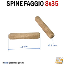 Carica l'immagine nel visualizzatore di Gallery, SPINE FAGGIO STRIATE D 8X35MM TASSELLO IN LEGNO PER MOBILI SPINA LEGNO tassello d8x35mm lunghezza 3,5cm per uso professionale - falegnameria montaggio mobile