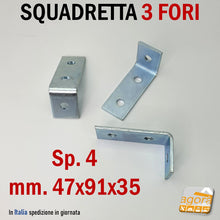 Carica l'immagine nel visualizzatore di Gallery, SQUADRETTA DI ASSEMBLAGGIO AD ANGOLO FORATA IN ACCIAIO ZINCATO - ANGOLARE DI FISSAGGIO IN METALLO mm 47x91 SPESSORE 4,0 mm Collegamento angolato a 90° VARIFIX, 3 fori tondi ANGOLARI SQUADRETTE SOSPENSIONE IMPIANTI BARRE ASOLATE ELETTRICA IDRAULICA PESANTE