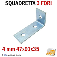 Carica l'immagine nel visualizzatore di Gallery, SQUADRETTA DI ASSEMBLAGGIO AD ANGOLO FORATA IN ACCIAIO ZINCATO - ANGOLARE DI FISSAGGIO IN METALLO mm 47x91 SPESSORE 4,0 mm Collegamento angolato a 90° VARIFIX, 3 fori tondi