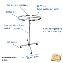 Carica l'immagine nel visualizzatore di Gallery, STENDER APPENDERIA ROTONDO D70cm GIREVOLE SU RUOTE PORTABITI NEGOZIO ABBIGLIAMENTO VESTITI CR regolabile professionale robusto