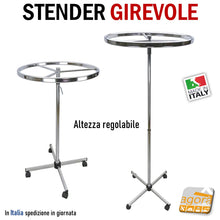 Carica l'immagine nel visualizzatore di Gallery, STENDER APPENDERIA ROTONDO D70cm GIREVOLE SU RUOTE PORTABITI NEGOZIO ABBIGLIAMENTO VESTITI CR su ruote