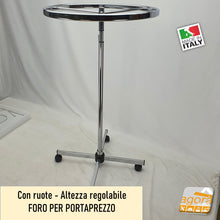 Carica l'immagine nel visualizzatore di Gallery, STENDER APPENDERIA ROTONDO D70cm GIREVOLE SU RUOTE PORTABITI NEGOZIO ABBIGLIAMENTO VESTITI CR PER CAPI APPESI ATTREZZATURA NEGOZIO ABBIGLIAMENTO ALTEZZA REGOLABILE CON RUOTE