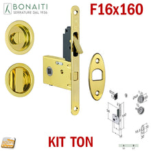 Carica l'immagine nel visualizzatore di Gallery, 4TH2105017 serratura porta scorrevole Bonaiti kit Easy G500 TON ottone lucido frontale 160x16 tirante maniglia pomolo tonda scrigno quadrotto 8x8 gancio uncino completa ottonata dorata