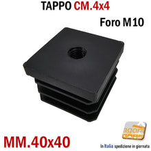 Load image into Gallery viewer, TAPPO QUADRATO 40x40mm FORO FILETTATO M10 NERO cm 4x4 TAPPI SOTTOPIEDE 10pz forato passante robusto alto 29mm filetto metrico tappi sottopiede per tubolari