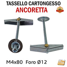 Carica l'immagine nel visualizzatore di Gallery, Tassello a farfalla ancoretta per lastre cartongesso ancorina x lastra CTG ancerette per soffitti pareti a lastra acciaio con vite a croce foro D 12 mm M4x80