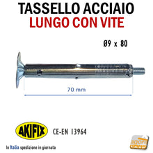 Carica l'immagine nel visualizzatore di Gallery, Tassello acciaio espansione lungo foro diametro 9 x 80mm AKIFIX NF73002L con vite con rondella larga tasselli in metallo