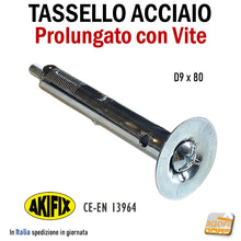 Carica l'immagine nel visualizzatore di Gallery, Tassello acciaio espansione lungo foro diametro 9 x 80mm AKIFIX NF73002L con vite con rondella larga