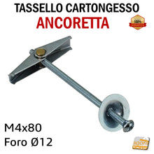 Carica l'immagine nel visualizzatore di Gallery, Tassello a farfalla ancoretta per lastre cartongesso ancorina x lastra CTG ancerette per soffitti pareti a lastra acciaio con vite a croce foro D 12 mm M4x80 AKIFIX zincato