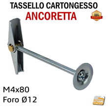 Carica l'immagine nel visualizzatore di Gallery, Tassello a farfalla ancoretta per lastre cartongesso ancorina x lastra CTG ancerette per soffitti pareti a lastra acciaio con vite a croce foro D 12 mm M4x80 professionale AKIFIX