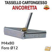 Carica l'immagine nel visualizzatore di Gallery, Tassello a farfalla ancoretta per lastre cartongesso ancorina x lastra CTG ancerette per soffitti pareti a lastra acciaio con vite a croce foro D 12 mm M4x80 con rondella