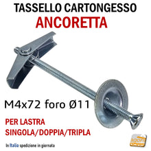 Carica l'immagine nel visualizzatore di Gallery, tassello ancoretta ancorina a farfalla con vite e rondella zincata M4x72 foro muro diametro 11mm akifix NF26002 tasselli per lastre cartongesso 8050040192519