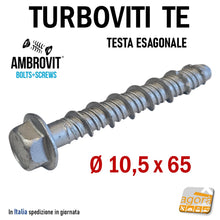 Carica l'immagine nel visualizzatore di Gallery, Viti per calcestruzzo vite CLS testa esagonale 07070 AMBROVIT temprata diametro 10mm foro 8mm Lunghezza 65mm EAN: 8032975305455 07070 10,5X65/60