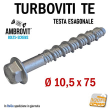 Carica l'immagine nel visualizzatore di Gallery, Viti per calcestruzzo vite CLS testa esagonale 07070 AMBROVIT temprata diametro 10mm foro 8mm Lunghezza 75mm EAN:8032975305462 07070 10,5X75/60