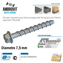 Load image into Gallery viewer, VITE VITI TURBOVITI CALCESTRUZZO CLS CEMENTO ARMATO CONCRETO TE TESTA ESAGONALE AMBROVIT 07070 DIametro 6mm filetto 7,5mm ESAGONO chiave 13mm