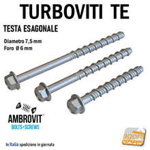 Load image into Gallery viewer, VITE VITI TURBOVITI CALCESTRUZZO CLS CEMENTO ARMATO CONCRETO TE TESTA ESAGONALE AMBROVIT 07070 DIametro 6mm filetto 7,5mm per bussola da 13