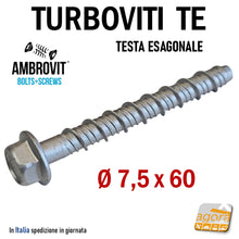 Load image into Gallery viewer, VITE VITI TURBOVITI CALCESTRUZZO CLS CEMENTO ARMATO CONCRETO TE TESTA ESAGONALE AMBROVIT 07070 DIametro 6mm filetto 7,5mm Lunghezza 60mm ean: 8032975305417