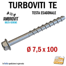 Carica l'immagine nel visualizzatore di Gallery, VITE VITI TURBOVITI CALCESTRUZZO CLS CEMENTO ARMATO CONCRETO TE TESTA ESAGONALE AMBROVIT 07070 DIametro 6mm filetto 7,5mm Lunghezza 100mm 10cm ean: 8032975305431 07070 7,5X100/55