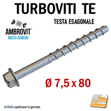 Carica l'immagine nel visualizzatore di Gallery, VITE VITI TURBOVITI CALCESTRUZZO CLS CEMENTO ARMATO CONCRETO TE TESTA ESAGONALE AMBROVIT 07070 DIametro 6mm filetto 7,5mm Lunghezza 80mm 8cm EaN:8032975305424