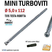 Carica l'immagine nel visualizzatore di Gallery, D 5x112 mm viti per calcestruzzo vite cls mini turboviti turbovite diametro 5mm testa cilindrica ridotta Ø 5,0mm zincata x cemento inserto Torx Ambrovit 07065 EAN: 8032975237947