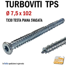 Carica l'immagine nel visualizzatore di Gallery, turboviti viti vite per calcestruzzo cemento cls testa svasata diametro 7,5 x 102 mm zincata ambrovit 07072 alta qualità TX30 EAN:8032975170268