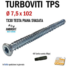 Carica l'immagine nel visualizzatore di Gallery, turboviti viti vite per calcestruzzo cemento cls testa svasata diametro 7,5 x 102 mm zincata ambrovit 07072 alta qualità