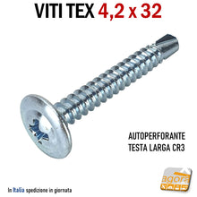 Carica l'immagine nel visualizzatore di Gallery, VITI VITE TEX 4,2x32 AUTOPERFORANTE TESTA LARGA PER CARTONGESSO ZINCATA BIANCA PH 1500pz viteria professionale per cartongesso ctg lamiera autoforante