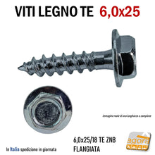 Carica l'immagine nel visualizzatore di Gallery, VITI LEGNO TE FLANGIATA TESTA ESAGONO D 6,0 X 25 mm VITE ZNB zincata mordente per tetti legno travetti esterno interno alta tenuta lunghezza 2,5cm testa larga esagonale flangia rondella integrata robusta