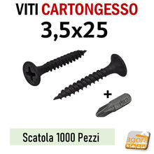Carica l'immagine nel visualizzatore di Gallery, viti 25mm fissaggio lastre di cartongesso autofilettanti fosfatate nere testa svasata 3,5x25mm punta chiodo 1000pz lastra ctg akifix knauf abc sistem