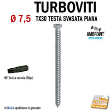 Carica l'immagine nel visualizzatore di Gallery, turboviti viti vite per calcestruzzo cemento cls testa svasata diametro 7,5 x 102 mm zincata ambrovit 07072 alta qualità 7,5 x 132mm