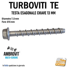 Load image into Gallery viewer, VITE VITI TURBOVITI CALCESTRUZZO CLS CEMENTO ARMATO CONCRETO TE TESTA ESAGONALE AMBROVIT 07070 DIametro 6mm filetto 7,5mm alta qualità certificata