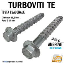 Carica l'immagine nel visualizzatore di Gallery, VITI VITE CLS CALCESTRUZZO TURBOVITE DIAMETRO 16,5 FORO Diametro 14 MM TESTA CHIAVE 18 CEMENTO ARMATO AMBROVIT 07070 16 GROSSA VITE TESTA ESAGOMALE PIATTA