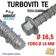 Carica l'immagine nel visualizzatore di Gallery, TURBOVITI VITI X CLS CALCESTRUZZO TURBOVITE DIAMETRO 16,5 FORO 14MM TESTA CHIAVE 18 CEMENTO ARMATO AMBROVIT 07070 16 GROSSA VITE TESTA ESAGOMALE PIATTA AUTOFILETTANTE