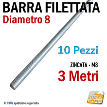 Carica l'immagine nel visualizzatore di Gallery, barre filettate da 3 metri M8 zincate diametro 8mm 10pz