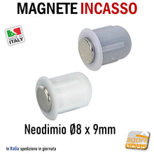Carica l'immagine nel visualizzatore di Gallery, CALAMITA PER MOBILI MAGNETE INCASSO TONDO D8X9 NEODIMIO GRIGIO BIANCO NERO