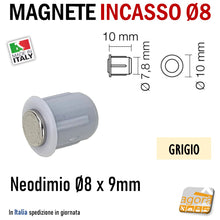 Carica l'immagine nel visualizzatore di Gallery, CALAMITA PER MOBILI MAGNETE INCASSO TONDO D8X9 NEODIMIO GRIGIO grigia 0670