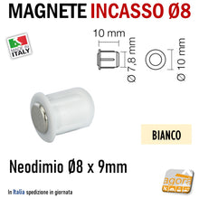 Carica l'immagine nel visualizzatore di Gallery, CALAMITA PER MOBILI MAGNETE INCASSO TONDO D8X9 NEODIMIO BIANCO calamitine per mobili da infilare nel foro
