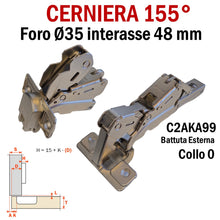 Carica l'immagine nel visualizzatore di Gallery, CERNIERA CUCINA SALICE 155° FORO 35 BATTUTA ESTERNA C2AKA99 int 48 PER MOBILI collo 0 chiusura a molla per ante alto spessore