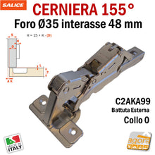 Carica l'immagine nel visualizzatore di Gallery, CERNIERA CUCINA SALICE 155° FORO 35 BATTUTA ESTERNA C2AKA99 int 48 PER MOBILI collo 0 chiusura a molla per ante alto spessore 8053468025186