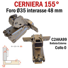 Carica l'immagine nel visualizzatore di Gallery, CERNIERA CUCINA SALICE 155° FORO 35 BATTUTA ESTERNA C2AKA99 int 48 PER MOBILI collo 0 chiusura a molla per ante alto spessore 8053468025186