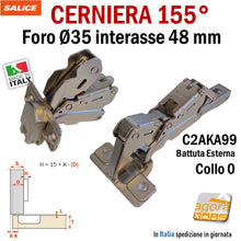 Carica l'immagine nel visualizzatore di Gallery, CERNIERA CUCINA SALICE 155° FORO 35 BATTUTA ESTERNA C2AKA99 int 48 PER MOBILI collo 0 chiusura a molla per ante alto spessore 8053468025186
