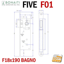 Carica l'immagine nel visualizzatore di Gallery, serratura porta magnetica Bonaiti FIVE F01 bagno wc doppio quadro frontale 190x18mm entrata 30mm interasse 90mm 48F010309E cromo opaco nichel lucido scrocco solo in alto nero