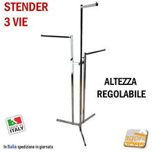Carica l'immagine nel visualizzatore di Gallery, stender 3 vie per negozi arredo negozio espositore capi appesi intimo abiti portabito regolabile in altezza 3 bracci cromato gondola professionale in metallo