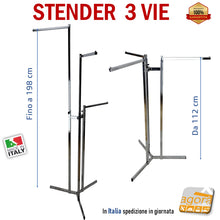 Carica l'immagine nel visualizzatore di Gallery, stender a 3 vie per negozi arredo negozio espositore capi appesi intimo abiti portabito regolabile in altezza 3 bracci cromato gondola attrezzatura