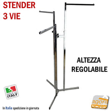 Carica l'immagine nel visualizzatore di Gallery, stender 3 vie per negozi arredo negozio espositore capi appesi intimo abiti portabito regolabile in altezza 3 bracci cromato gondola