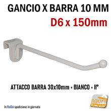 Carica l'immagine nel visualizzatore di Gallery, Gancio per allestimento negozi D6 x 150 mm con attacco per barra rettangolare da 10 mm di spessore.