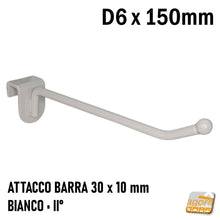 Carica l'immagine nel visualizzatore di Gallery, Gancio da corsia per barra espositrice, misura 150 mm di lunghezza e spessore D6 con attacco standard 30x10 mm.