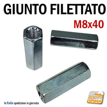 Carica l'immagine nel visualizzatore di Gallery, giunto filettato metrico M8 giunzione filettata DIN6334 UNI5535 8x40mm lunga 4cm zincata bianca filetto metrico M8 giunti per barre filettate ZNB